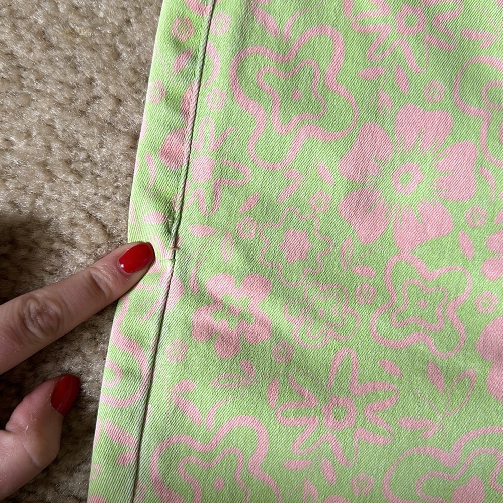 Zara High Rise Kick Flare Lime Green and Pink Floral Print Mod Jeans Size 4 - Picture 6 of 8